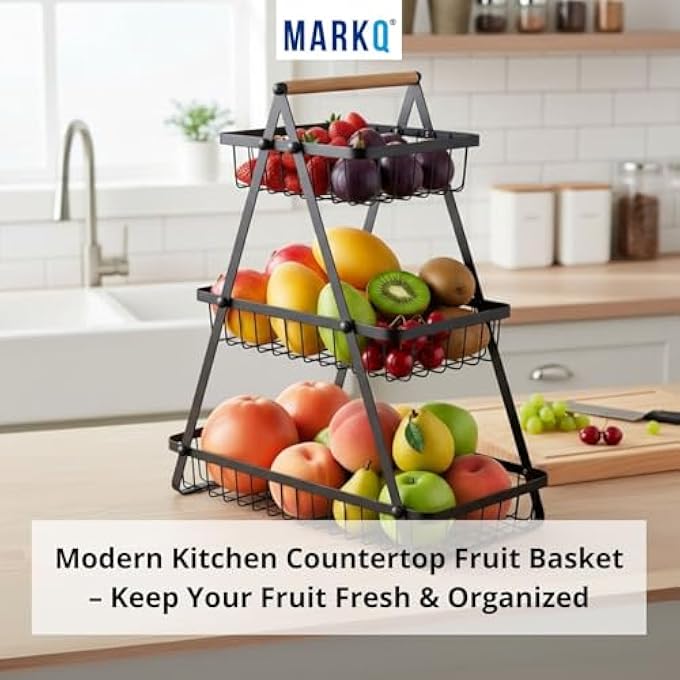 MARKQ 3-TIER FRUIT BASKET STAND  LARGE FLOOR FRUIT & VEGETABLE STORAGE RACK FOR KITCHEN | METAL PRODUCE ORGANIZER WITH DETACHABLE BASKETS, BREAD & SNACK HOLDER, BLACK POWDER-COATED STEEL FRAME - Image 4